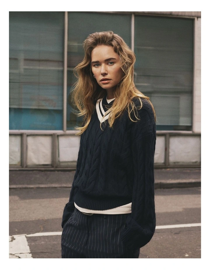 V-neck Cable Knit in Eclipse Navy image 2