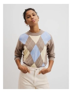 Merino Long Sleeve Argyle Knit in Sandstone