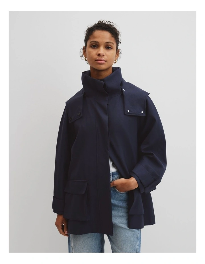 Wool Blend Tailored Funnel Coat in Navy image 1