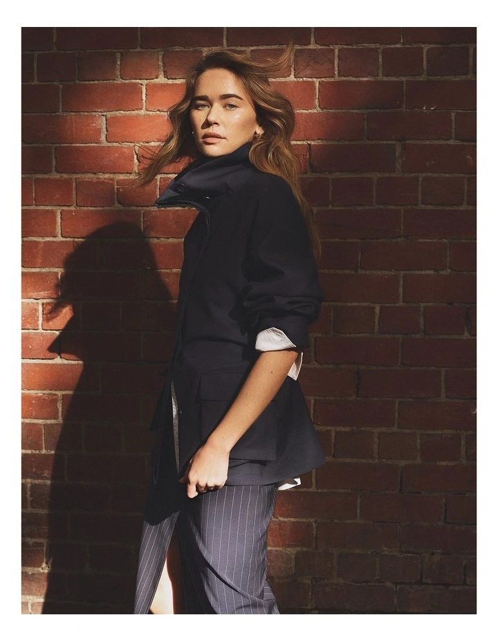 Wool Blend Tailored Funnel Coat in Navy image 2