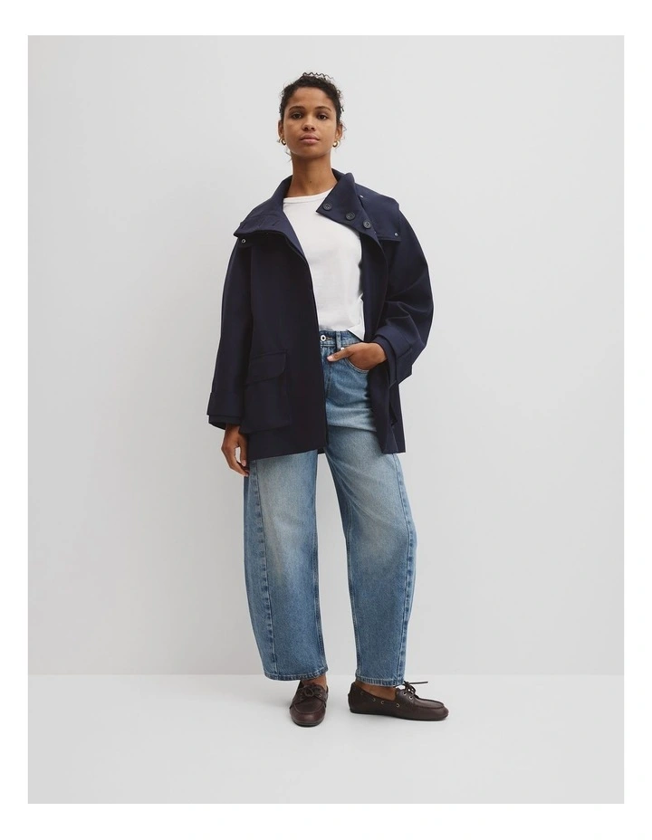 Wool Blend Tailored Funnel Coat in Navy image 3