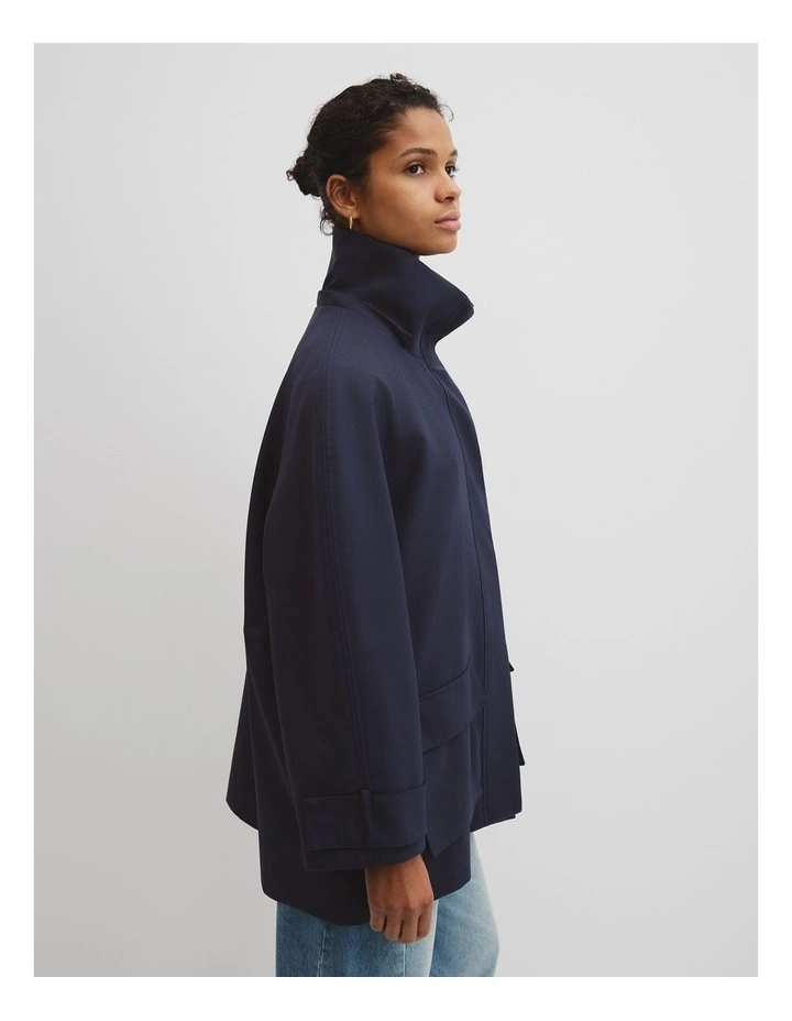 Wool Blend Tailored Funnel Coat in Navy image 4