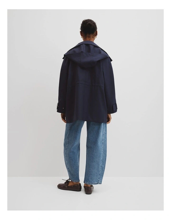 Wool Blend Tailored Funnel Coat in Navy image 5