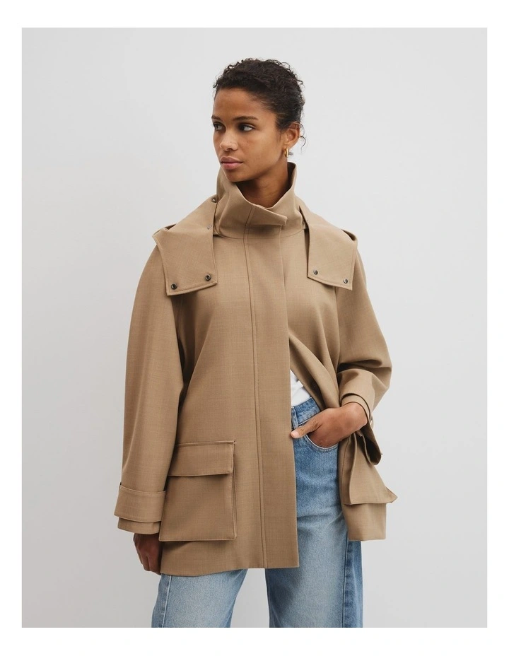 Wool Blend Tailored Funnel Coat in Birch image 1