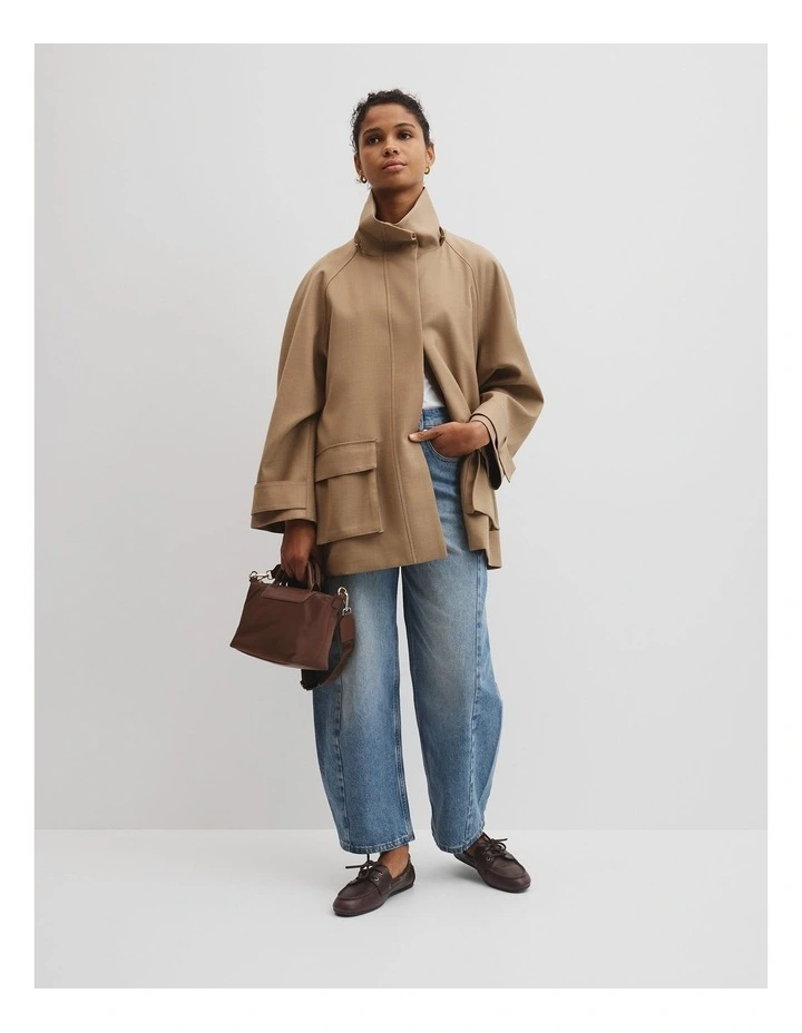 Wool Blend Tailored Funnel Coat in Birch image 3