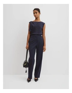 Wool Blend Tailored Straight Pinstripe Pant in Navy Stripe