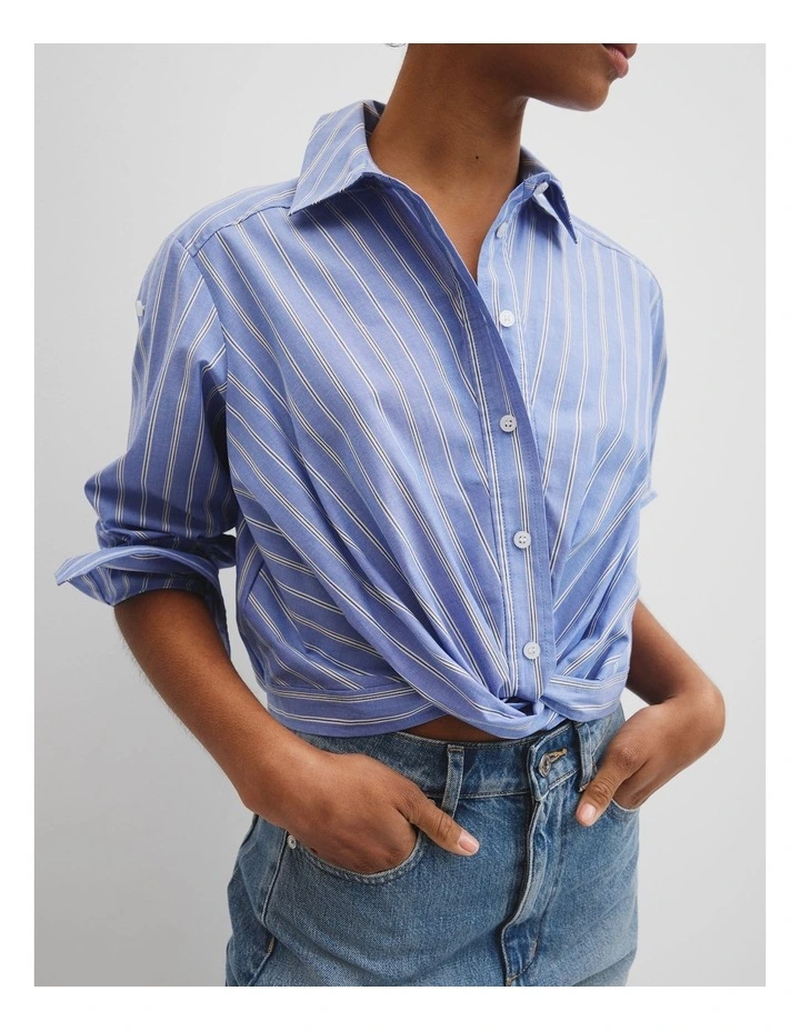 Twist Crop Shirt in Blue Stripe image 2