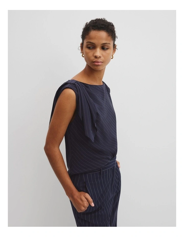 Silk Tie Shoulder Top in Navy Stripe image 1