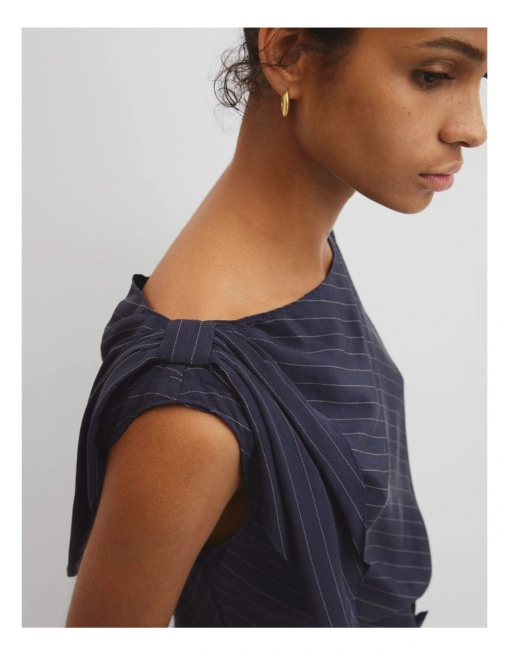 Silk Tie Shoulder Top in Navy Stripe image 2