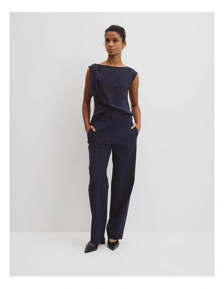 Silk Tie Shoulder Top in Navy Stripe image 3