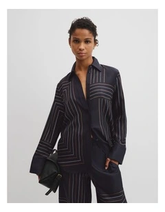 Print Long Sleeve Washable Silk Shirt in Navy Block Stripe