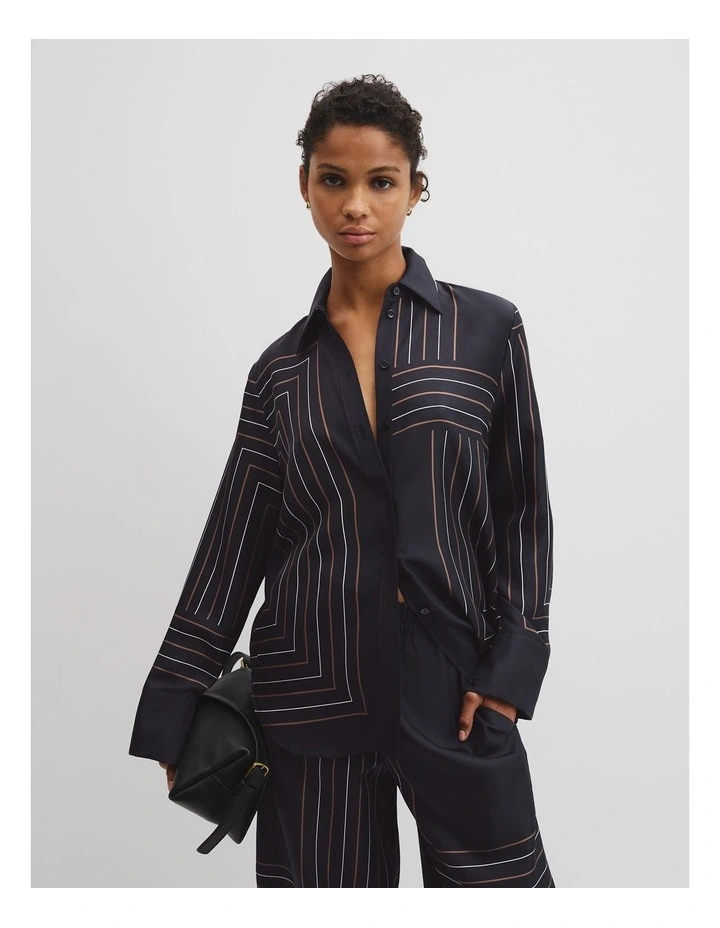 Print Long Sleeve Washable Silk Shirt in Navy Block Stripe image 1