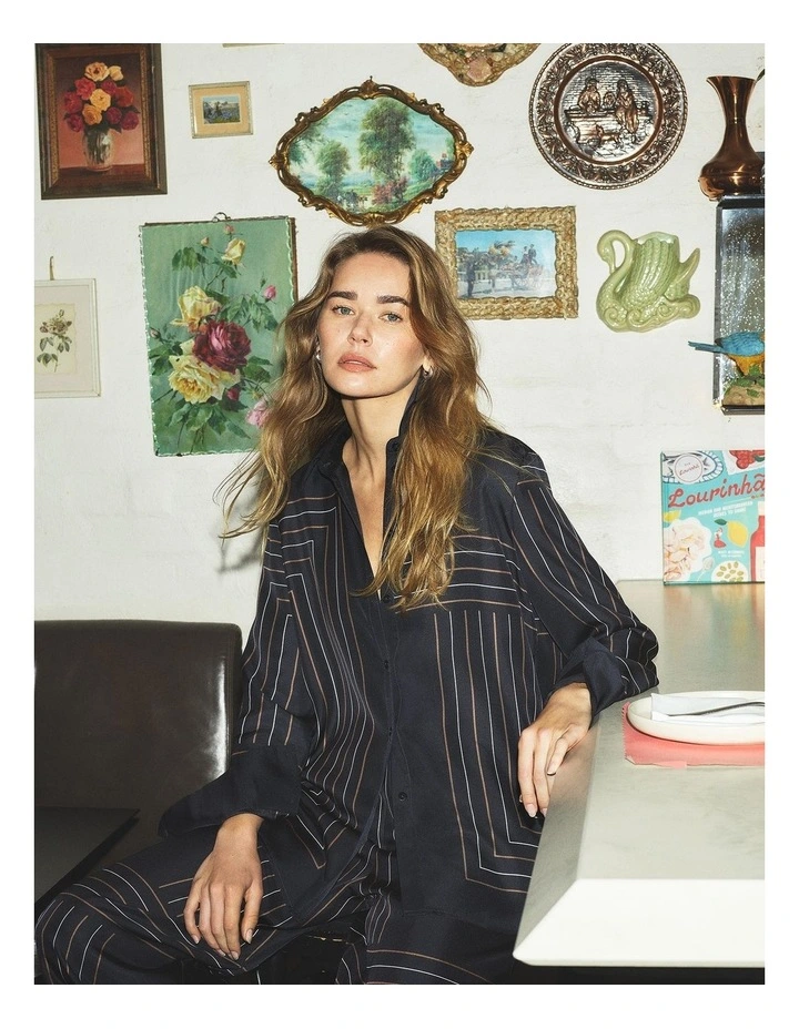 Print Long Sleeve Washable Silk Shirt in Navy Block Stripe image 2