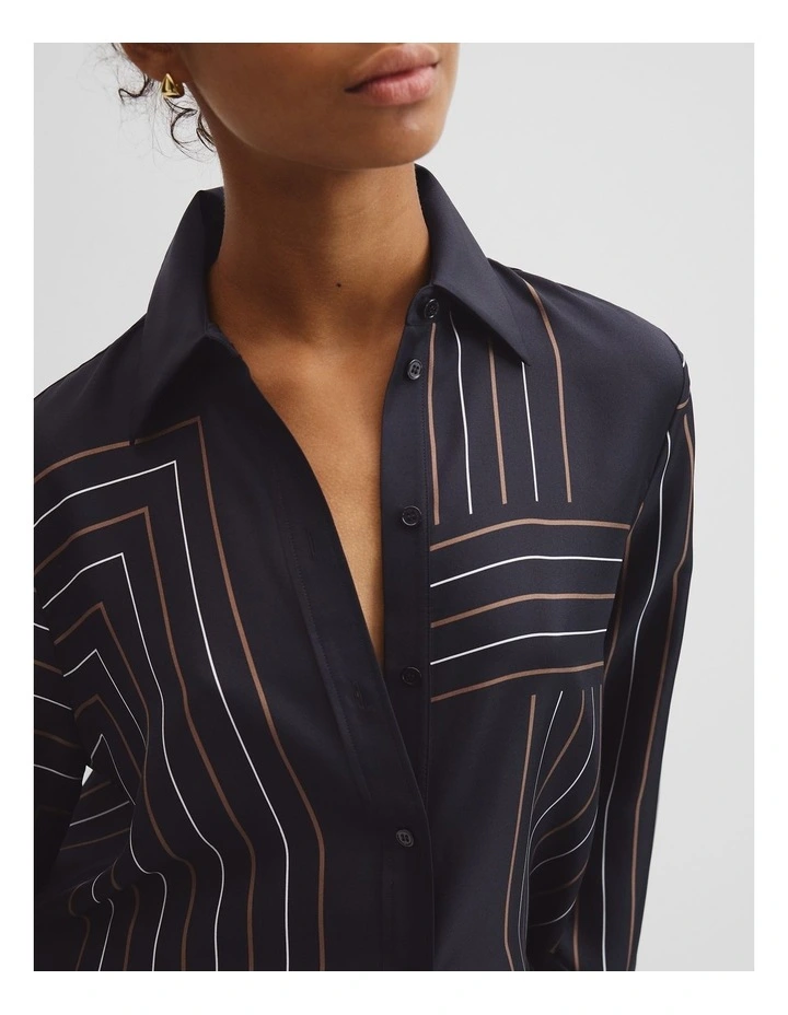 Print Long Sleeve Washable Silk Shirt in Navy Block Stripe image 3