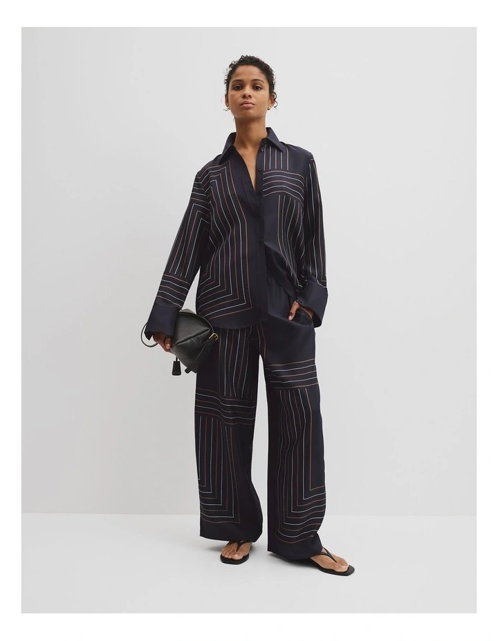 Print Long Sleeve Washable Silk Shirt in Navy Block Stripe image 4