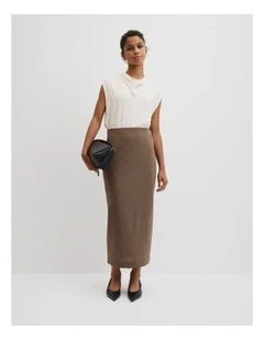 Wool Blend Midi Tailored Skirt in Dark Truffle