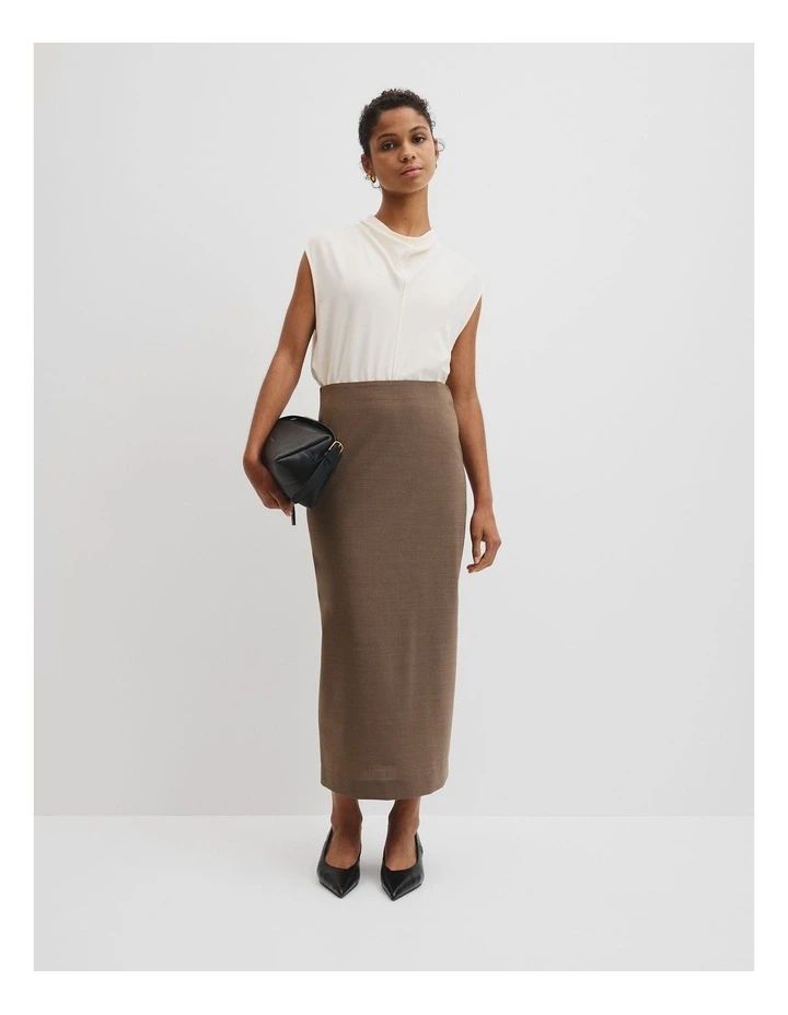Wool Blend Midi Tailored Skirt in Dark Truffle image 1