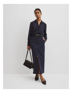 Wool Blend Tailored Pinstripe Column Skirt in Navy Stripe