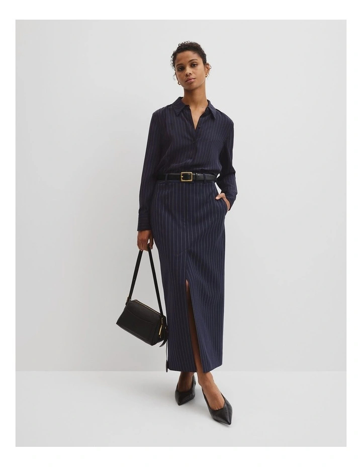 Wool Blend Tailored Pinstripe Column Skirt in Navy Stripe image 1