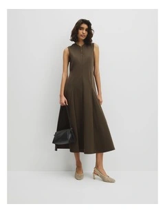 Panel Zip Neck Ponte Dress in Deep Khaki