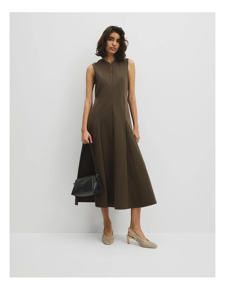 Panel Zip Neck Ponte Dress in Deep Khaki image 1
