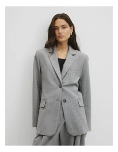 Wool Blend Pinstripe Classic Blazer in Grey Marle Stripe