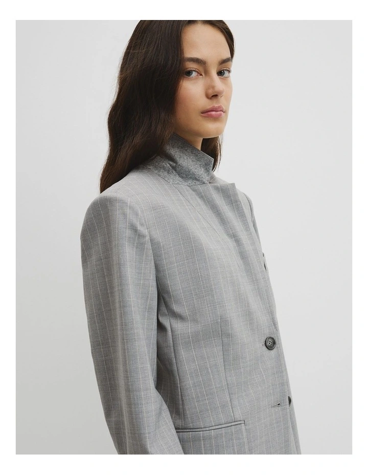 Wool Blend Pinstripe Classic Blazer in Grey Marle Stripe image 3