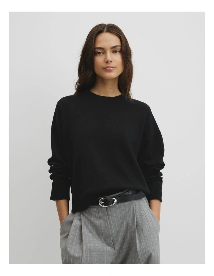 Cotton Linen Crew Neck Knit in Black image 1