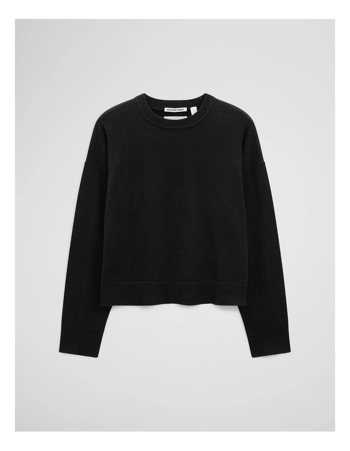 Cotton Linen Crew Neck Knit in Black image 2