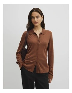 Long Sleeve Knit Shirt in Deep Chestnut