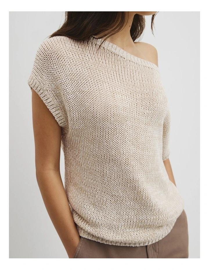 Organically Grown Cotton Asymmetric Tape Knit T-shirt in Snow Marle image 3
