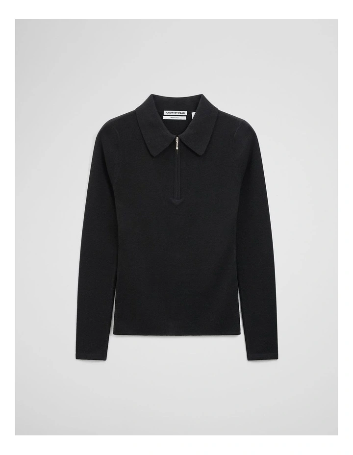 Merino Wool Silk Blend Collared Knit in Black image 2