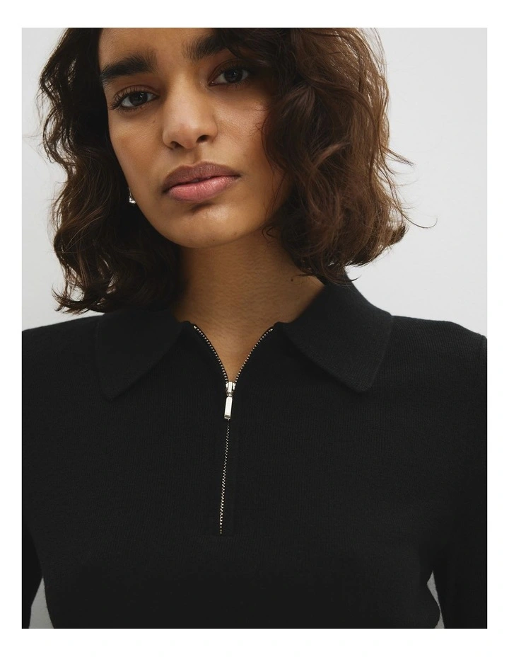 Merino Wool Silk Blend Collared Knit in Black image 3