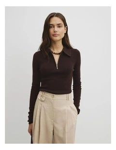 Merino Wool Silk Blend Collared Knit in Cocoa Bean