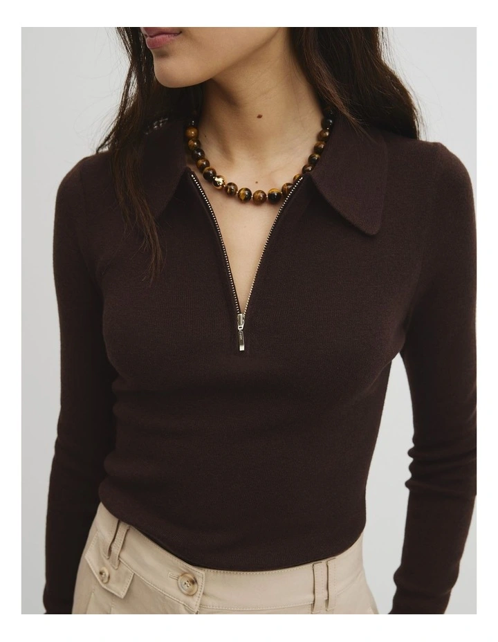 Merino Wool Silk Blend Collared Knit in Cocoa Bean image 3