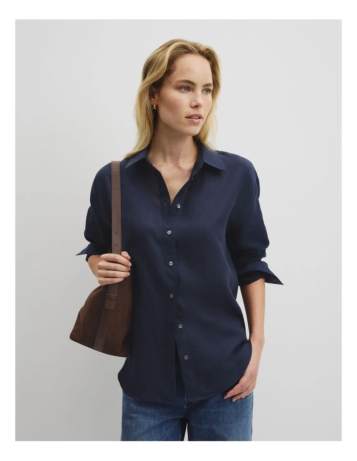 Oversized Linen Shirt in Navy image 1