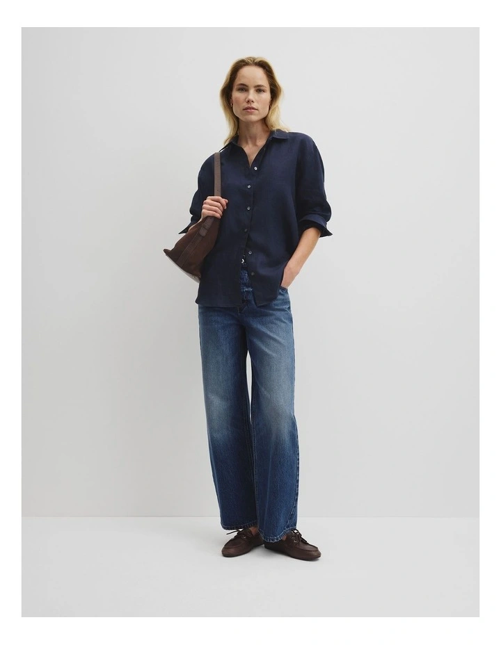 Oversized Linen Shirt in Navy image 3