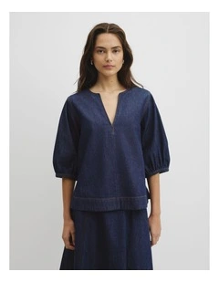 Short Sleeve Denim Blouse in Ink Wash