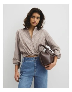 Twist Crop Shirt in Mocha Stripe