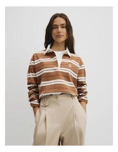 Australian Cotton Stripe Rugby Polo Sweat in Light Mocha Stripe