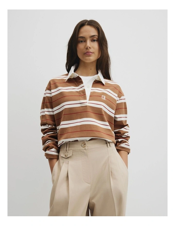 Australian Cotton Stripe Rugby Polo Sweat in Light Mocha Stripe image 1