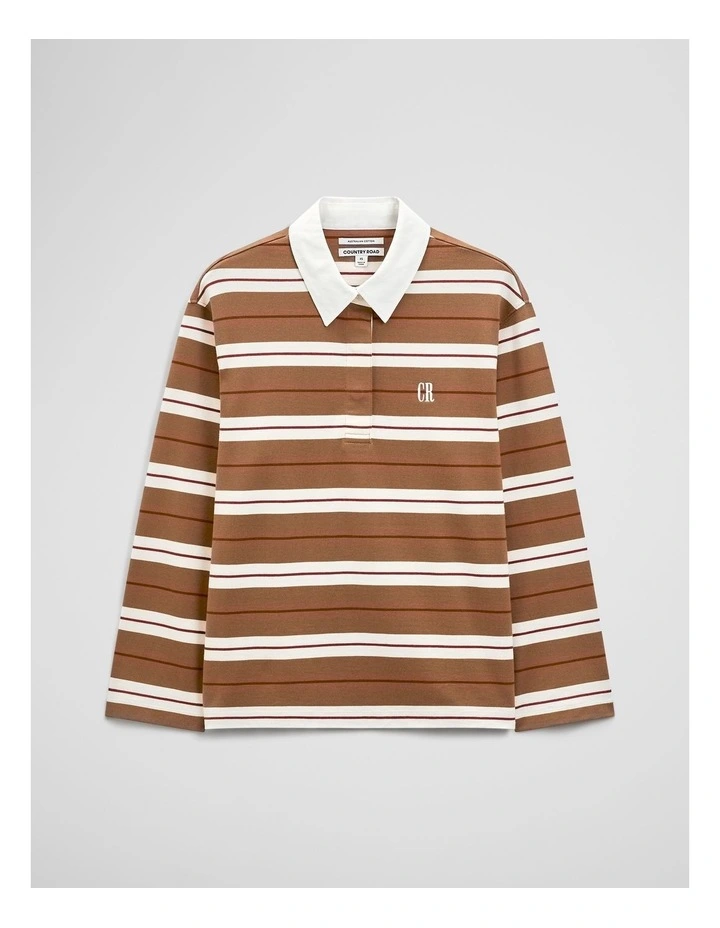 Australian Cotton Stripe Rugby Polo Sweat in Light Mocha Stripe image 2
