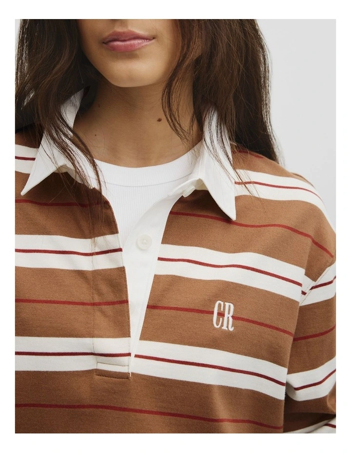 Australian Cotton Stripe Rugby Polo Sweat in Light Mocha Stripe image 3