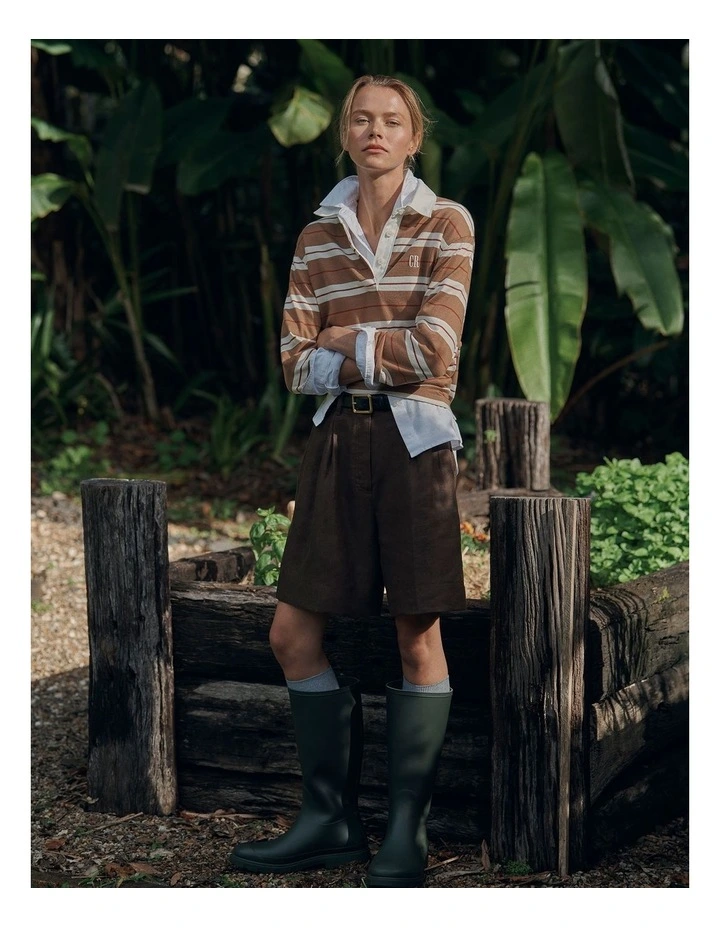 Australian Cotton Stripe Rugby Polo Sweat in Light Mocha Stripe image 6