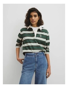 Australian Cotton Stripe Rugby Polo Sweat in Evergreen Stripe