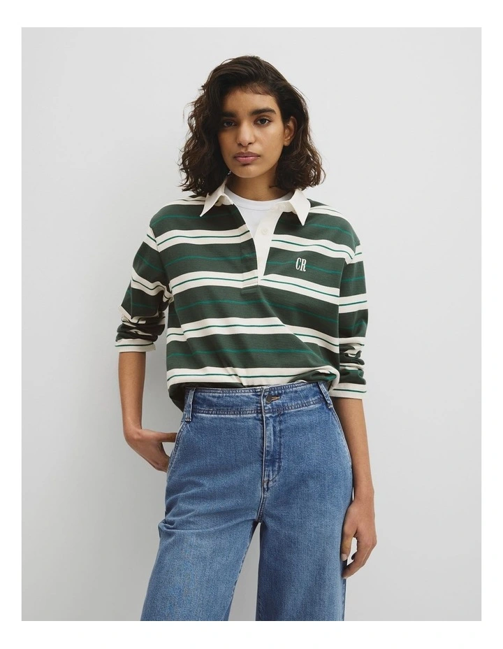Australian Cotton Stripe Rugby Polo Sweat in Evergreen Stripe image 1