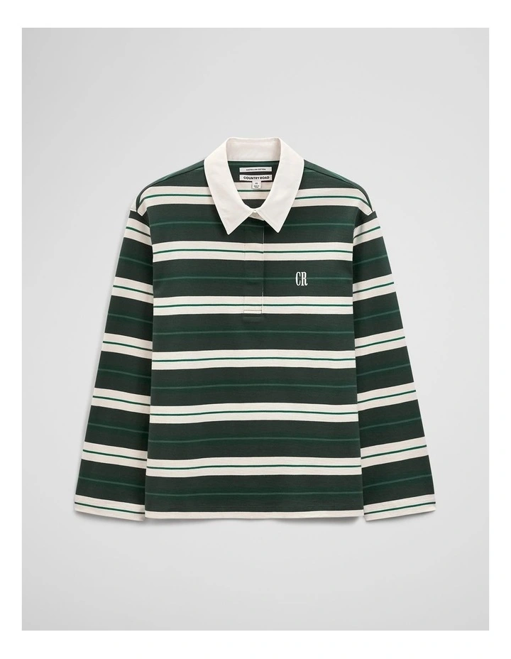 Australian Cotton Stripe Rugby Polo Sweat in Evergreen Stripe image 2