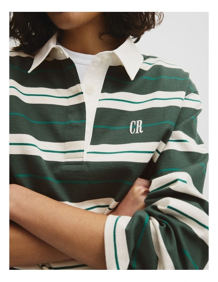 Australian Cotton Stripe Rugby Polo Sweat in Evergreen Stripe image 3