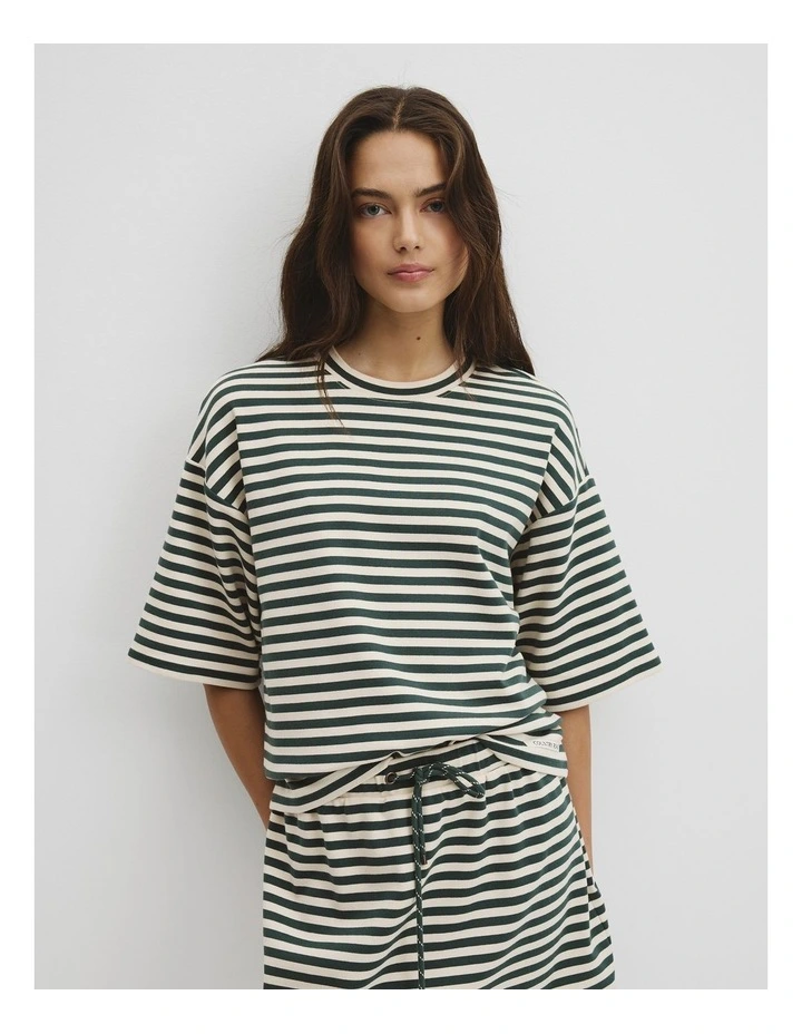 Australian Cotton Blend Stripe Boxy T-shirt in Evergreen Stripe image 1