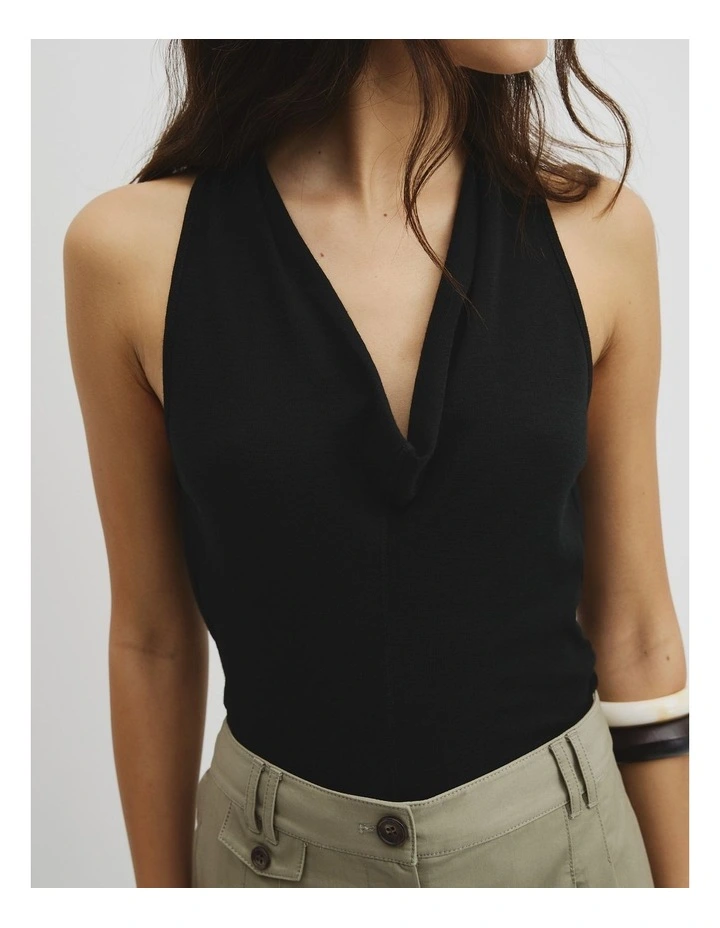 Wool V-neck Drape Tank in Black image 3
